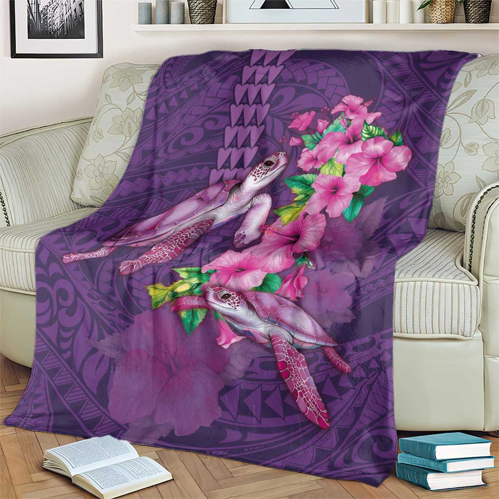 Hawaiian Turtle Love Couple Blanket - Sweet Hibiscus and Kakau Pattern Deep Purple Color LT03 - Polynesian Pride