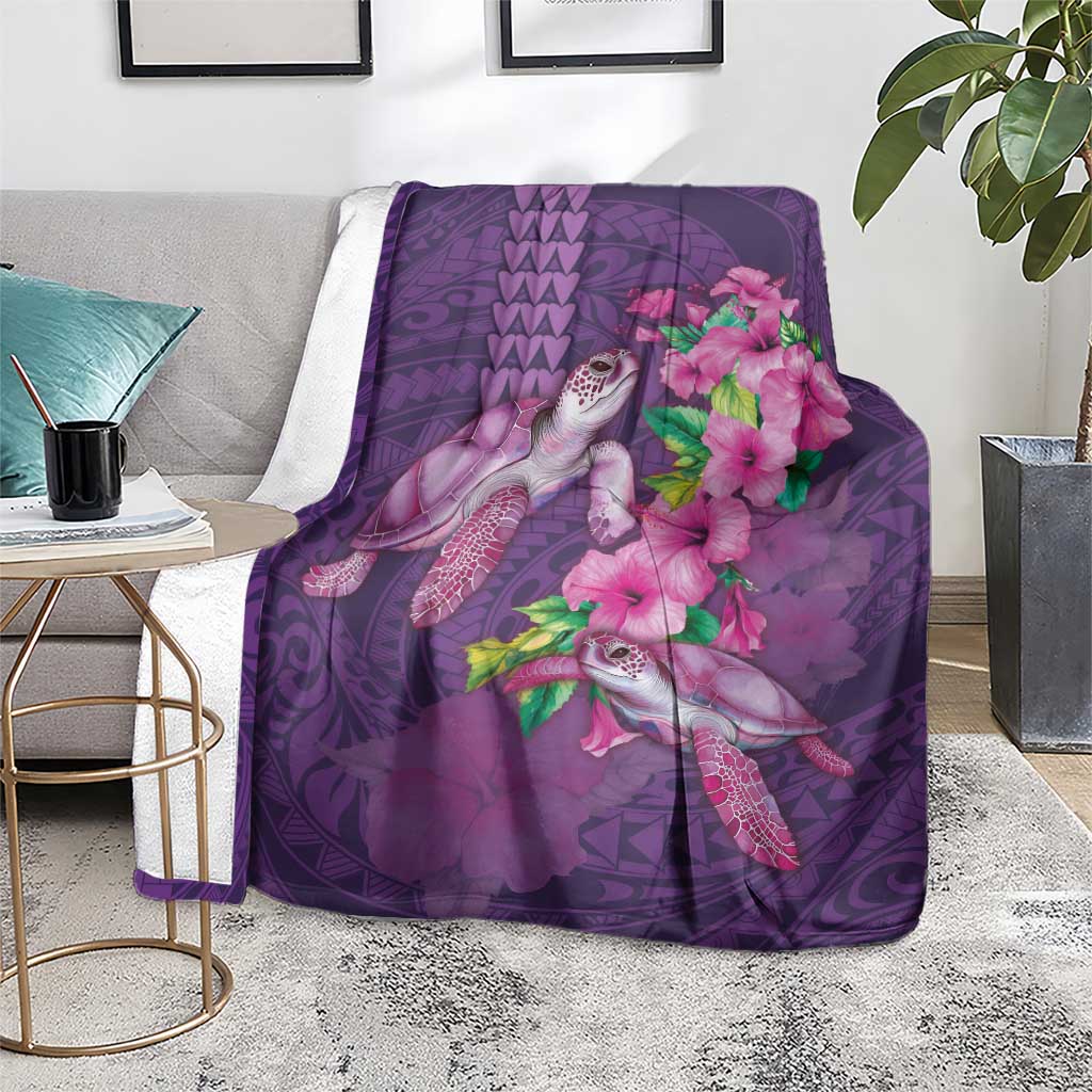 Hawaiian Turtle Love Couple Blanket - Sweet Hibiscus and Kakau Pattern Deep Purple Color LT03 - Polynesian Pride