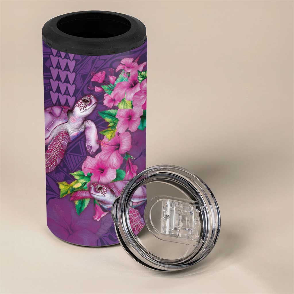 Hawaiian Turtle Love Couple 4 in 1 Can Cooler Tumbler Sweet Hibiscus and Kakau Pattern Deep Purple Color
