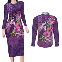 Hawaiian Turtle Love Couple Couples Matching Long Sleeve Bodycon Dress and Long Sleeve Button Shirt - Sweet Hibiscus and Kakau Pattern Deep Purple Color LT03 Purple - Polynesian Pride
