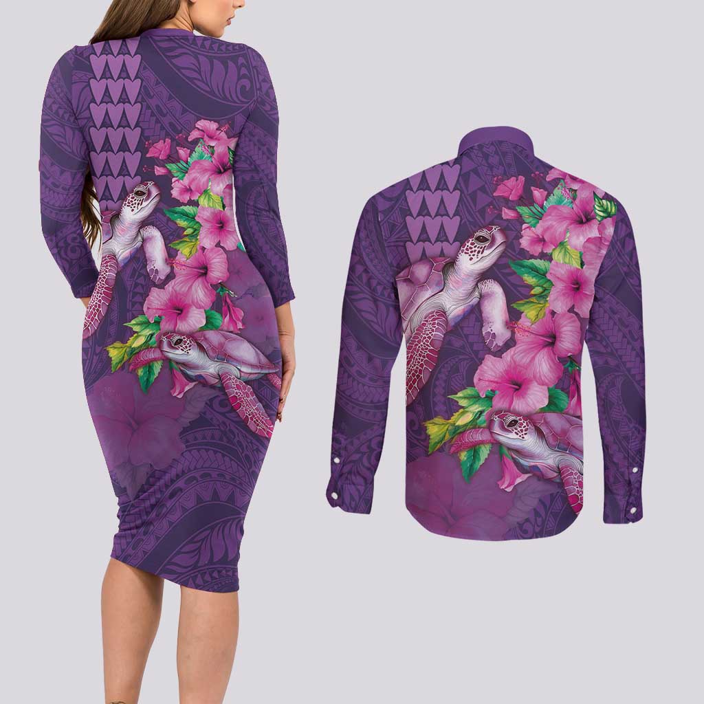 Hawaiian Turtle Love Couple Couples Matching Long Sleeve Bodycon Dress and Long Sleeve Button Shirt - Sweet Hibiscus and Kakau Pattern Deep Purple Color LT03 - Polynesian Pride