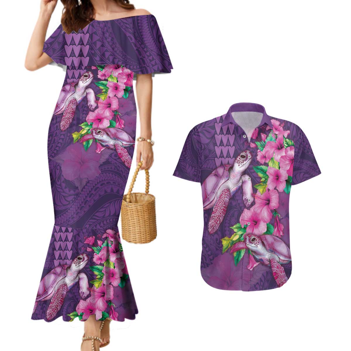 Hawaiian Turtle Love Couple Couples Matching Mermaid Dress and Hawaiian Shirt - Sweet Hibiscus and Kakau Pattern Deep Purple Color LT03 Purple - Polynesian Pride