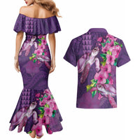 Hawaiian Turtle Love Couple Couples Matching Mermaid Dress and Hawaiian Shirt - Sweet Hibiscus and Kakau Pattern Deep Purple Color LT03 - Polynesian Pride