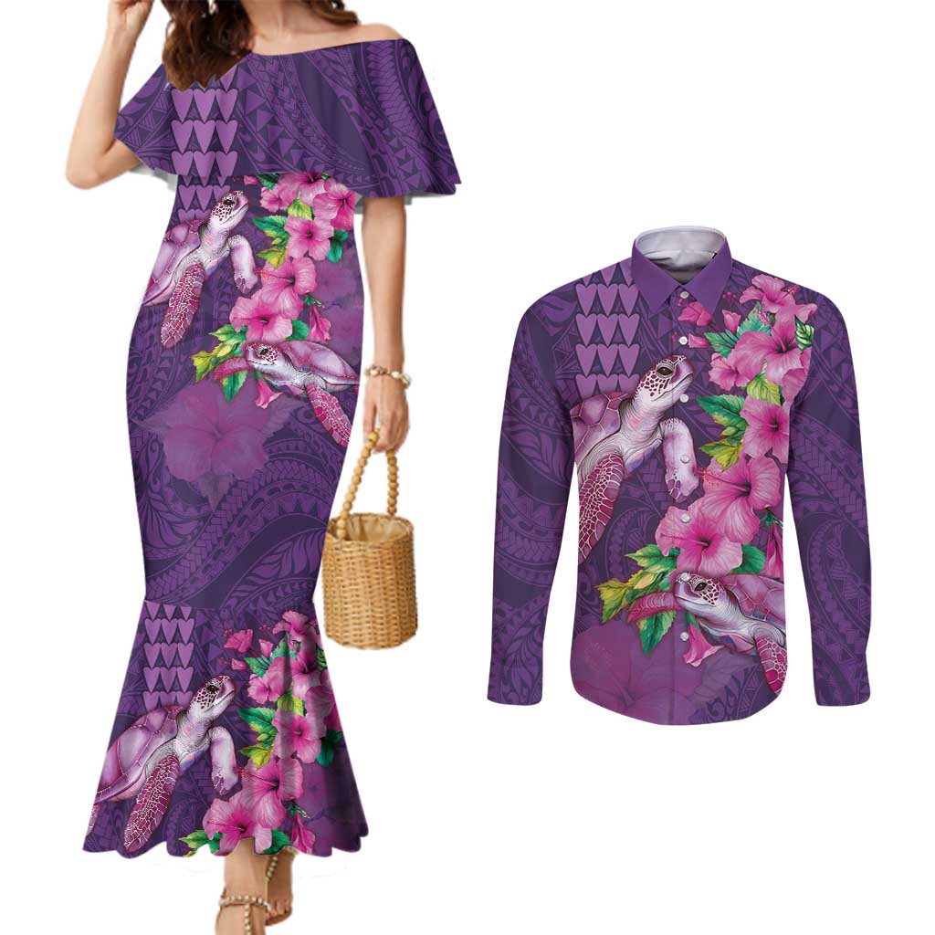 Hawaiian Turtle Love Couple Couples Matching Mermaid Dress and Long Sleeve Button Shirt - Sweet Hibiscus and Kakau Pattern Deep Purple Color LT03 Purple - Polynesian Pride