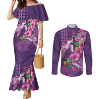Hawaiian Turtle Love Couple Couples Matching Mermaid Dress and Long Sleeve Button Shirt - Sweet Hibiscus and Kakau Pattern Deep Purple Color LT03 Purple - Polynesian Pride