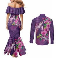 Hawaiian Turtle Love Couple Couples Matching Mermaid Dress and Long Sleeve Button Shirt - Sweet Hibiscus and Kakau Pattern Deep Purple Color LT03 - Polynesian Pride
