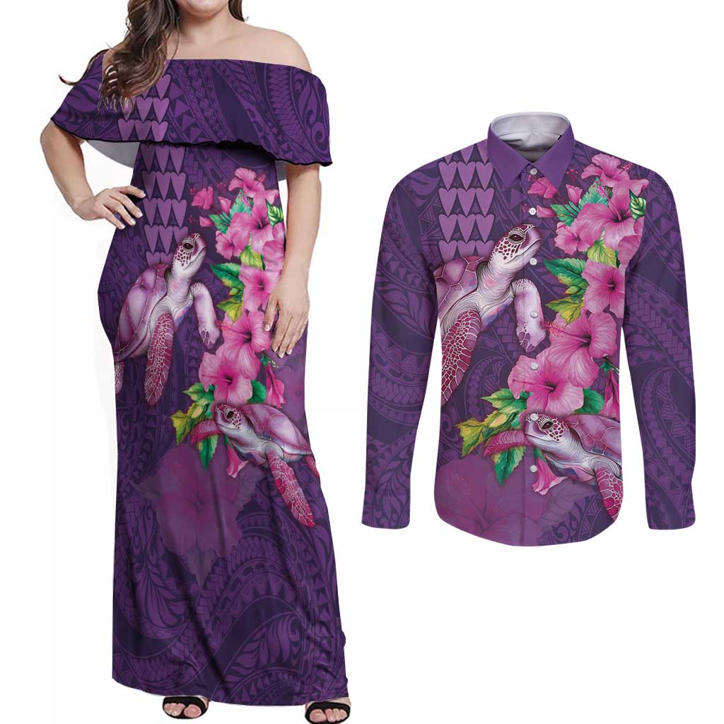 Hawaiian Turtle Love Couple Couples Matching Off Shoulder Maxi Dress and Long Sleeve Button Shirt - Sweet Hibiscus and Kakau Pattern Deep Purple Color LT03 Purple - Polynesian Pride