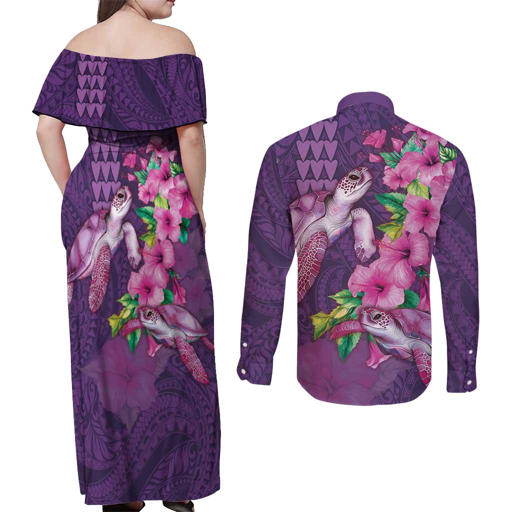 Hawaiian Turtle Love Couple Couples Matching Off Shoulder Maxi Dress and Long Sleeve Button Shirt - Sweet Hibiscus and Kakau Pattern Deep Purple Color LT03 - Polynesian Pride