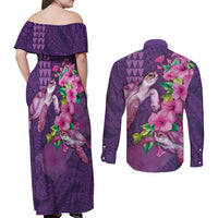 Hawaiian Turtle Love Couple Couples Matching Off Shoulder Maxi Dress and Long Sleeve Button Shirt - Sweet Hibiscus and Kakau Pattern Deep Purple Color LT03 - Polynesian Pride
