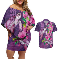 Hawaiian Turtle Love Couple Couples Matching Off Shoulder Short Dress and Hawaiian Shirt - Sweet Hibiscus and Kakau Pattern Deep Purple Color LT03 Purple - Polynesian Pride
