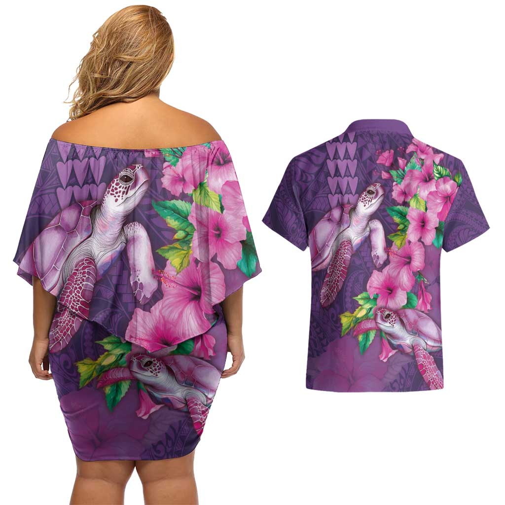Hawaiian Turtle Love Couple Couples Matching Off Shoulder Short Dress and Hawaiian Shirt - Sweet Hibiscus and Kakau Pattern Deep Purple Color LT03 - Polynesian Pride