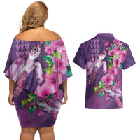 Hawaiian Turtle Love Couple Couples Matching Off Shoulder Short Dress and Hawaiian Shirt - Sweet Hibiscus and Kakau Pattern Deep Purple Color LT03 - Polynesian Pride