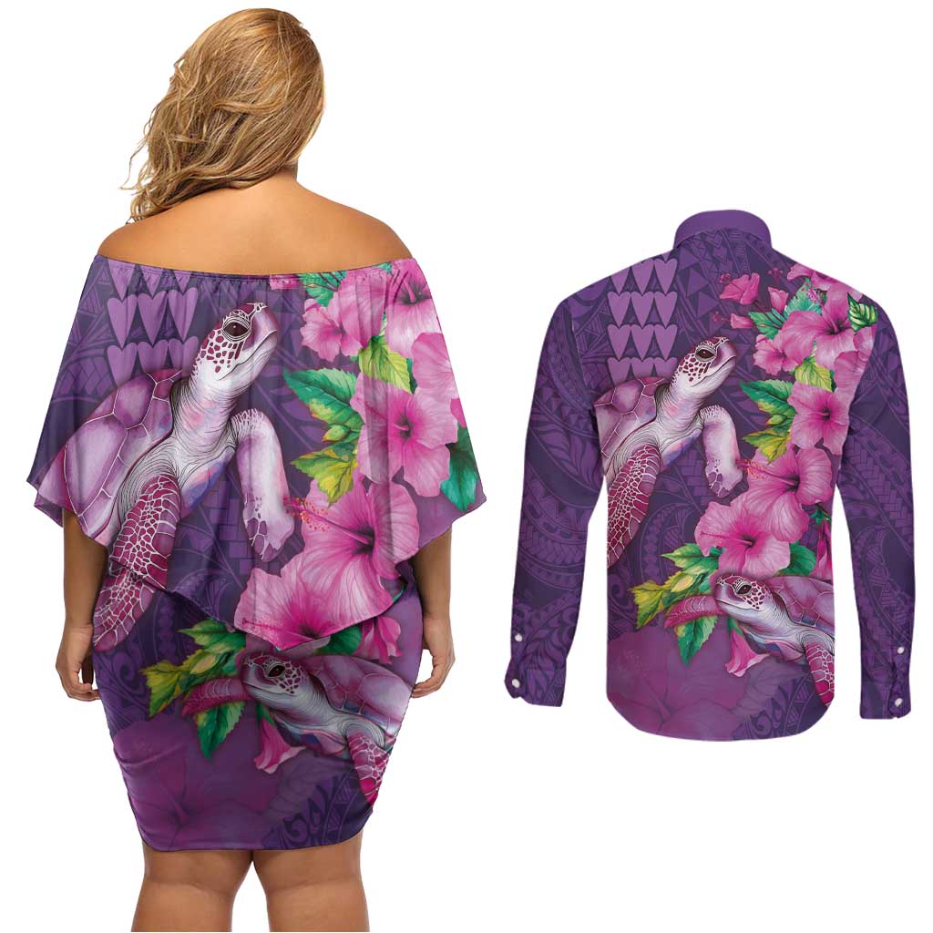 Hawaiian Turtle Love Couple Couples Matching Off Shoulder Short Dress and Long Sleeve Button Shirt - Sweet Hibiscus and Kakau Pattern Deep Purple Color LT03 - Polynesian Pride