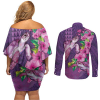 Hawaiian Turtle Love Couple Couples Matching Off Shoulder Short Dress and Long Sleeve Button Shirt - Sweet Hibiscus and Kakau Pattern Deep Purple Color LT03 - Polynesian Pride