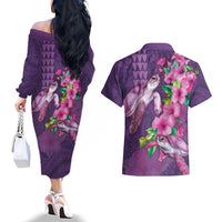 Hawaiian Turtle Love Couple Couples Matching Off The Shoulder Long Sleeve Dress and Hawaiian Shirt - Sweet Hibiscus and Kakau Pattern Deep Purple Color LT03 - Polynesian Pride