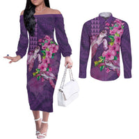Hawaiian Turtle Love Couple Couples Matching Off The Shoulder Long Sleeve Dress and Long Sleeve Button Shirt - Sweet Hibiscus and Kakau Pattern Deep Purple Color LT03 Purple - Polynesian Pride