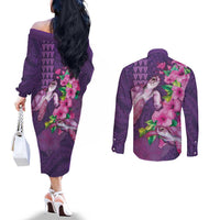 Hawaiian Turtle Love Couple Couples Matching Off The Shoulder Long Sleeve Dress and Long Sleeve Button Shirt - Sweet Hibiscus and Kakau Pattern Deep Purple Color LT03 - Polynesian Pride