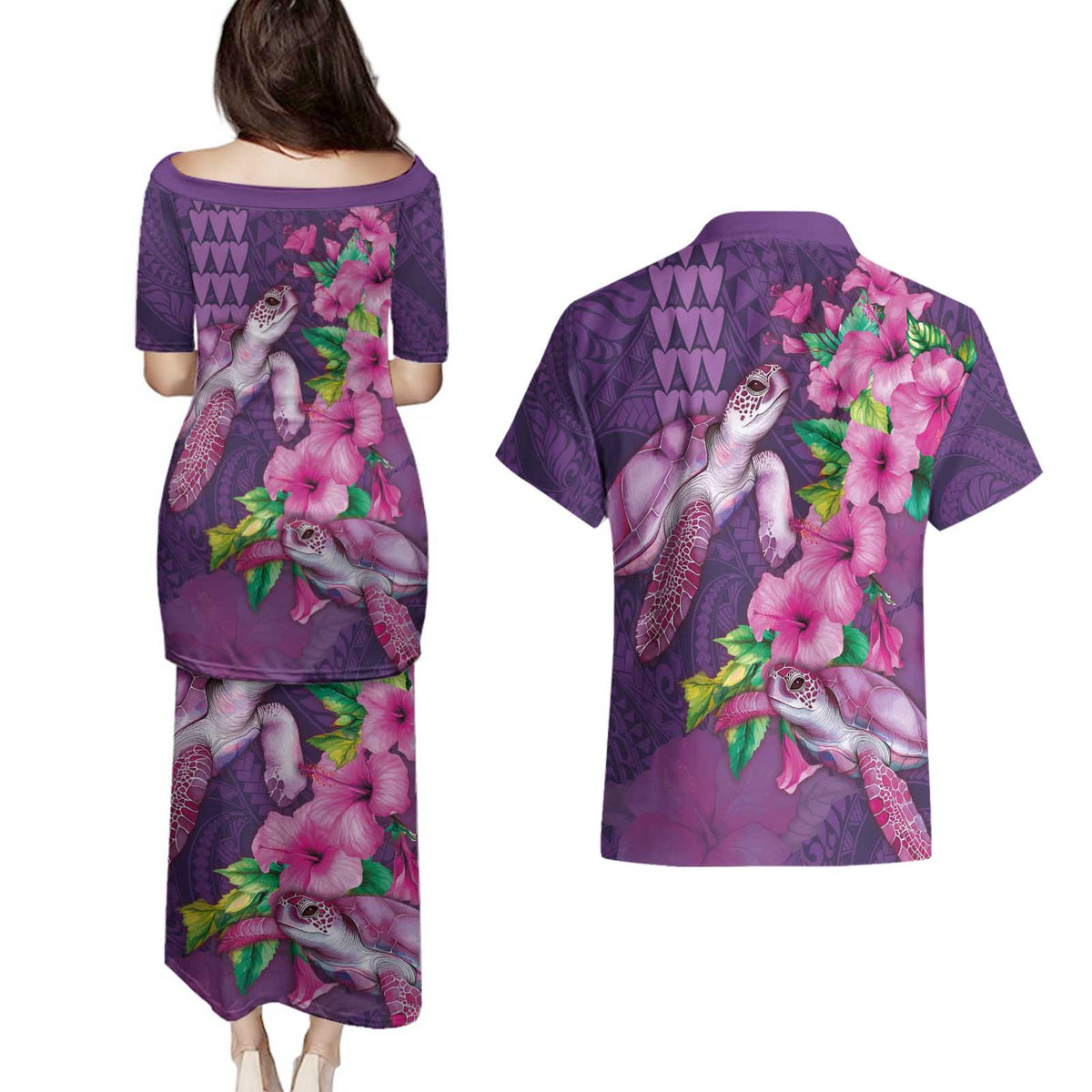 Hawaiian Turtle Love Couple Couples Matching Puletasi and Hawaiian Shirt - Sweet Hibiscus and Kakau Pattern Deep Purple Color LT03 - Polynesian Pride
