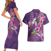 Hawaiian Turtle Love Couple Couples Matching Short Sleeve Bodycon Dress and Hawaiian Shirt - Sweet Hibiscus and Kakau Pattern Deep Purple Color LT03 - Polynesian Pride