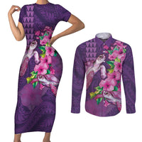 Hawaiian Turtle Love Couple Couples Matching Short Sleeve Bodycon Dress and Long Sleeve Button Shirt - Sweet Hibiscus and Kakau Pattern Deep Purple Color LT03 Purple - Polynesian Pride