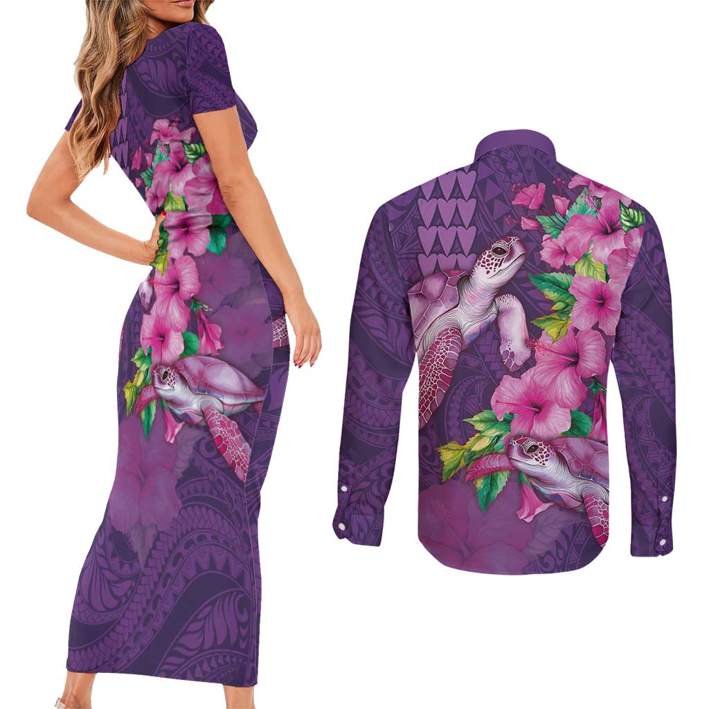 Hawaiian Turtle Love Couple Couples Matching Short Sleeve Bodycon Dress and Long Sleeve Button Shirt - Sweet Hibiscus and Kakau Pattern Deep Purple Color LT03 - Polynesian Pride