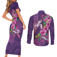 Hawaiian Turtle Love Couple Couples Matching Short Sleeve Bodycon Dress and Long Sleeve Button Shirt - Sweet Hibiscus and Kakau Pattern Deep Purple Color LT03 - Polynesian Pride