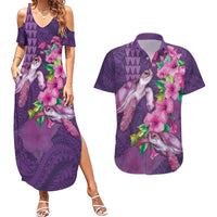 Hawaiian Turtle Love Couple Couples Matching Summer Maxi Dress and Hawaiian Shirt - Sweet Hibiscus and Kakau Pattern Deep Purple Color LT03 Purple - Polynesian Pride