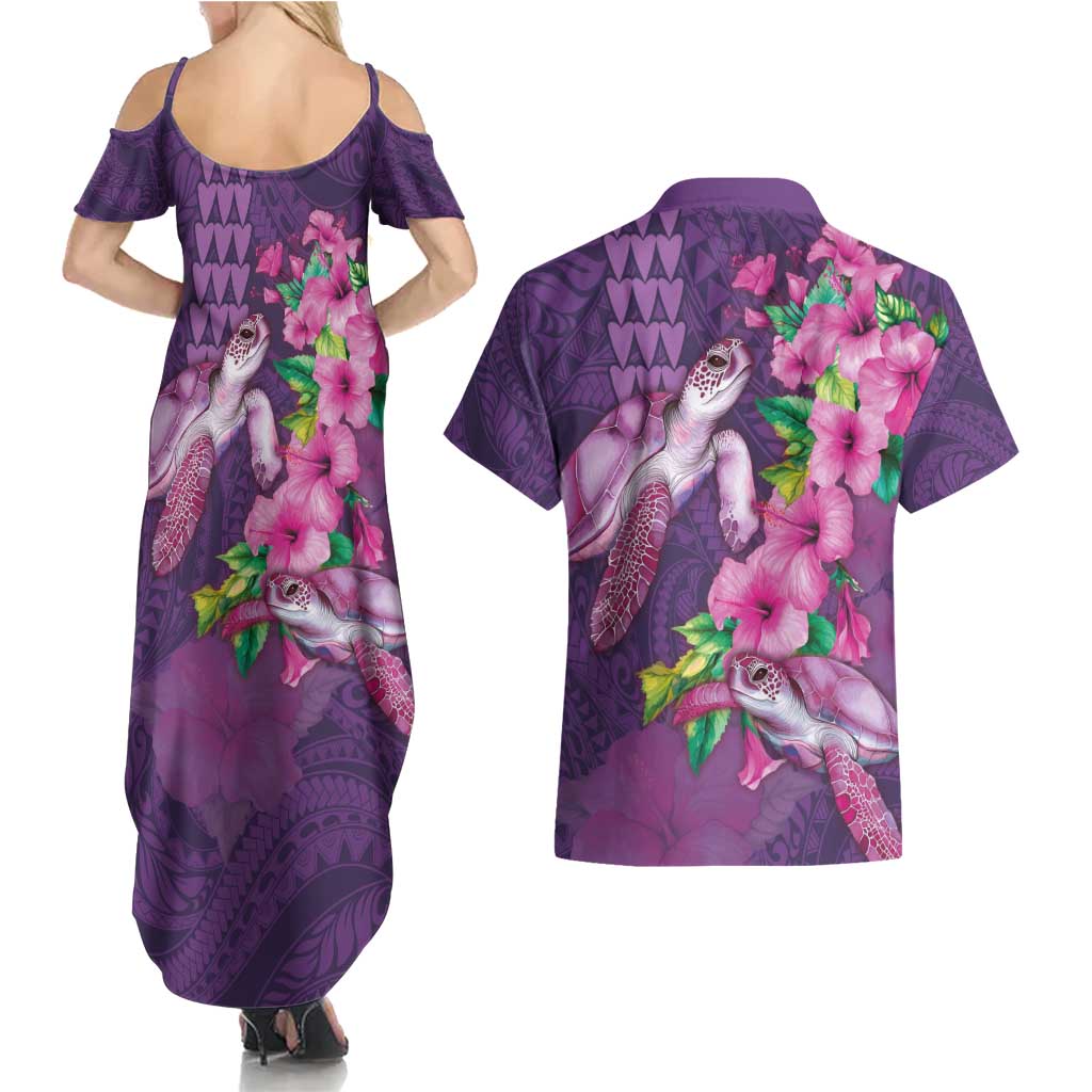 Hawaiian Turtle Love Couple Couples Matching Summer Maxi Dress and Hawaiian Shirt - Sweet Hibiscus and Kakau Pattern Deep Purple Color LT03 - Polynesian Pride