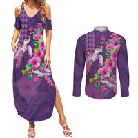 Hawaiian Turtle Love Couple Couples Matching Summer Maxi Dress and Long Sleeve Button Shirt - Sweet Hibiscus and Kakau Pattern Deep Purple Color LT03 Purple - Polynesian Pride