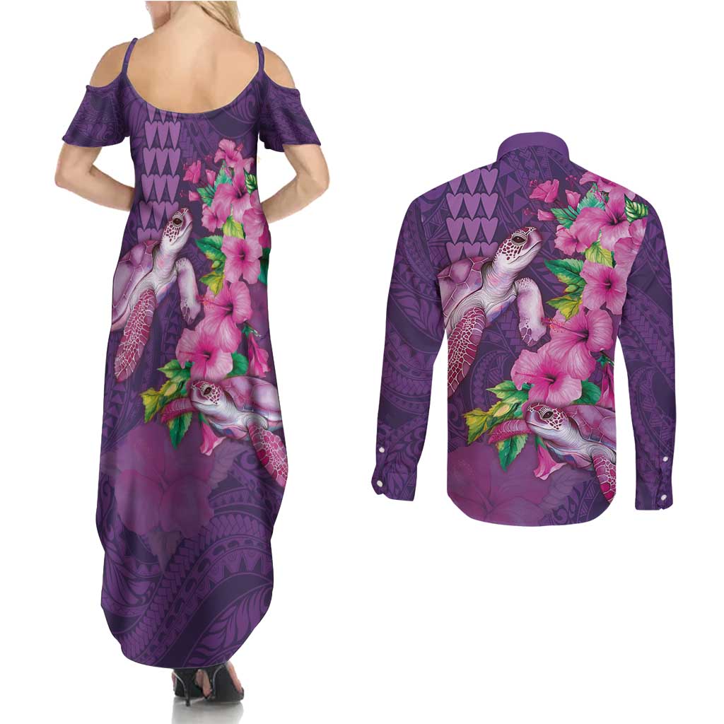 Hawaiian Turtle Love Couple Couples Matching Summer Maxi Dress and Long Sleeve Button Shirt - Sweet Hibiscus and Kakau Pattern Deep Purple Color LT03 - Polynesian Pride