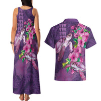 Hawaiian Turtle Love Couple Couples Matching Tank Maxi Dress and Hawaiian Shirt - Sweet Hibiscus and Kakau Pattern Deep Purple Color LT03 - Polynesian Pride