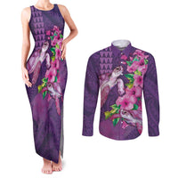 Hawaiian Turtle Love Couple Couples Matching Tank Maxi Dress and Long Sleeve Button Shirt - Sweet Hibiscus and Kakau Pattern Deep Purple Color LT03 Purple - Polynesian Pride