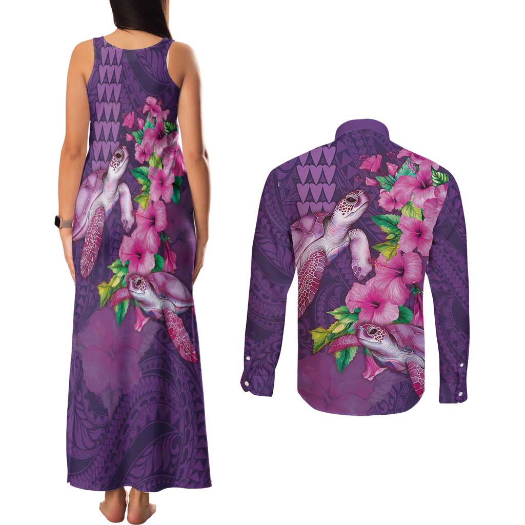 Hawaiian Turtle Love Couple Couples Matching Tank Maxi Dress and Long Sleeve Button Shirt - Sweet Hibiscus and Kakau Pattern Deep Purple Color LT03 - Polynesian Pride