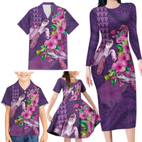 Hawaiian Turtle Love Couple Family Matching Long Sleeve Bodycon Dress and Hawaiian Shirt - Sweet Hibiscus and Kakau Pattern Deep Purple Color LT03 - Polynesian Pride