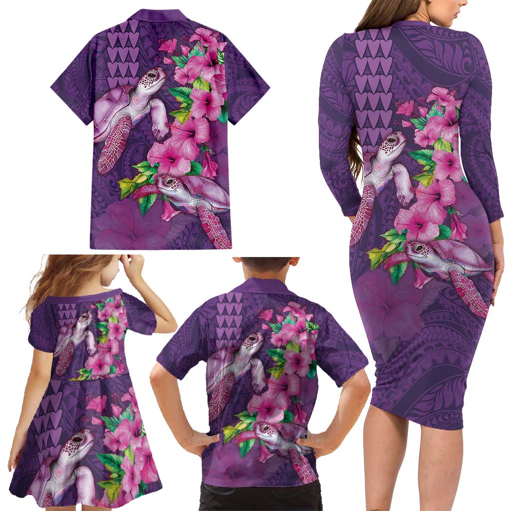 Hawaiian Turtle Love Couple Family Matching Long Sleeve Bodycon Dress and Hawaiian Shirt - Sweet Hibiscus and Kakau Pattern Deep Purple Color LT03 - Polynesian Pride