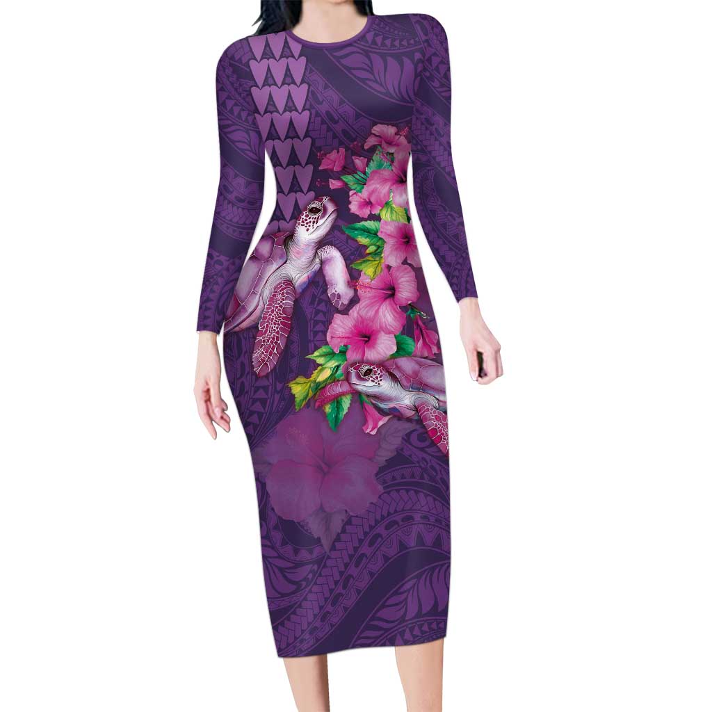 Hawaiian Turtle Love Couple Family Matching Long Sleeve Bodycon Dress and Hawaiian Shirt - Sweet Hibiscus and Kakau Pattern Deep Purple Color LT03 Mom's Dress Purple - Polynesian Pride