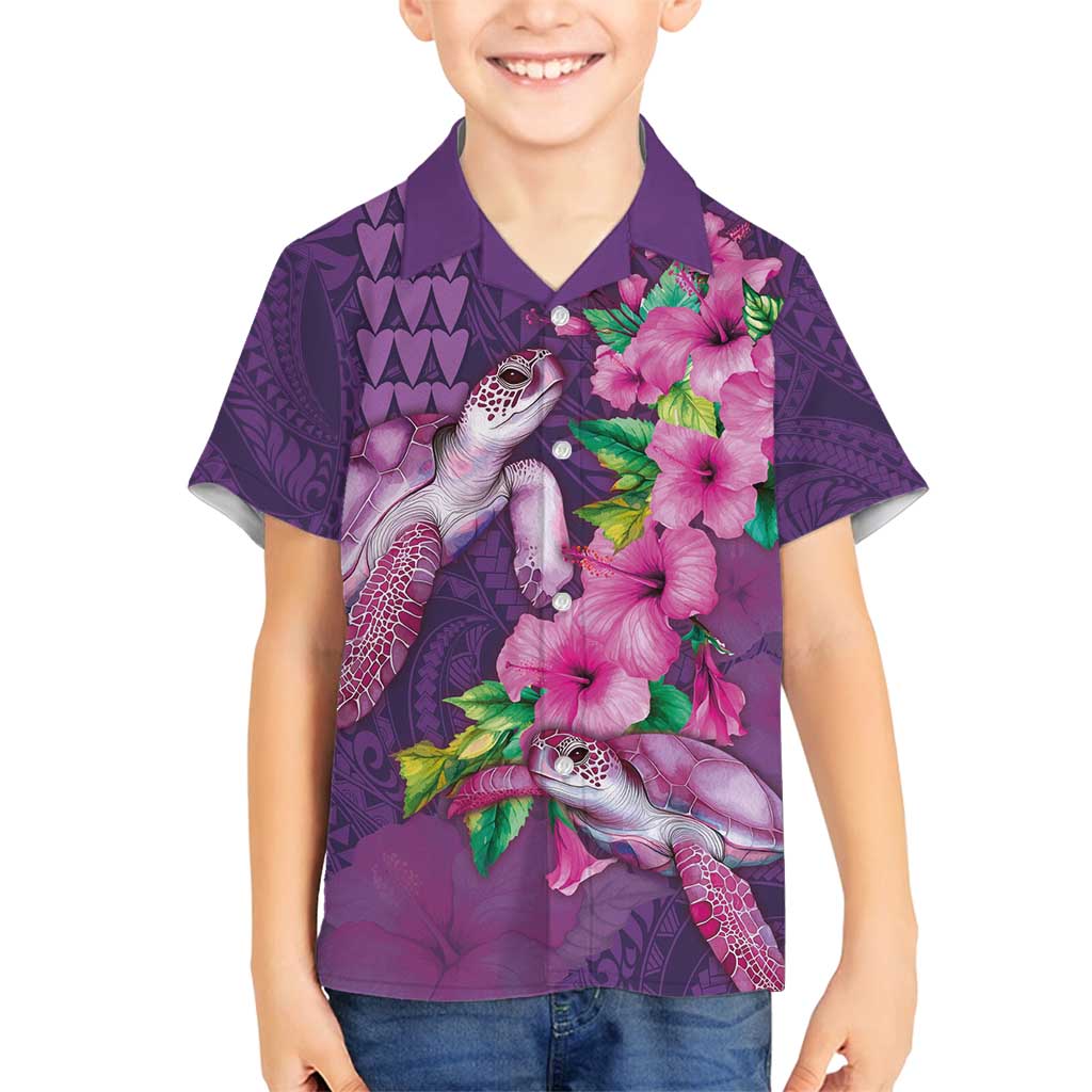 Hawaiian Turtle Love Couple Family Matching Long Sleeve Bodycon Dress and Hawaiian Shirt - Sweet Hibiscus and Kakau Pattern Deep Purple Color LT03 Son's Shirt Purple - Polynesian Pride