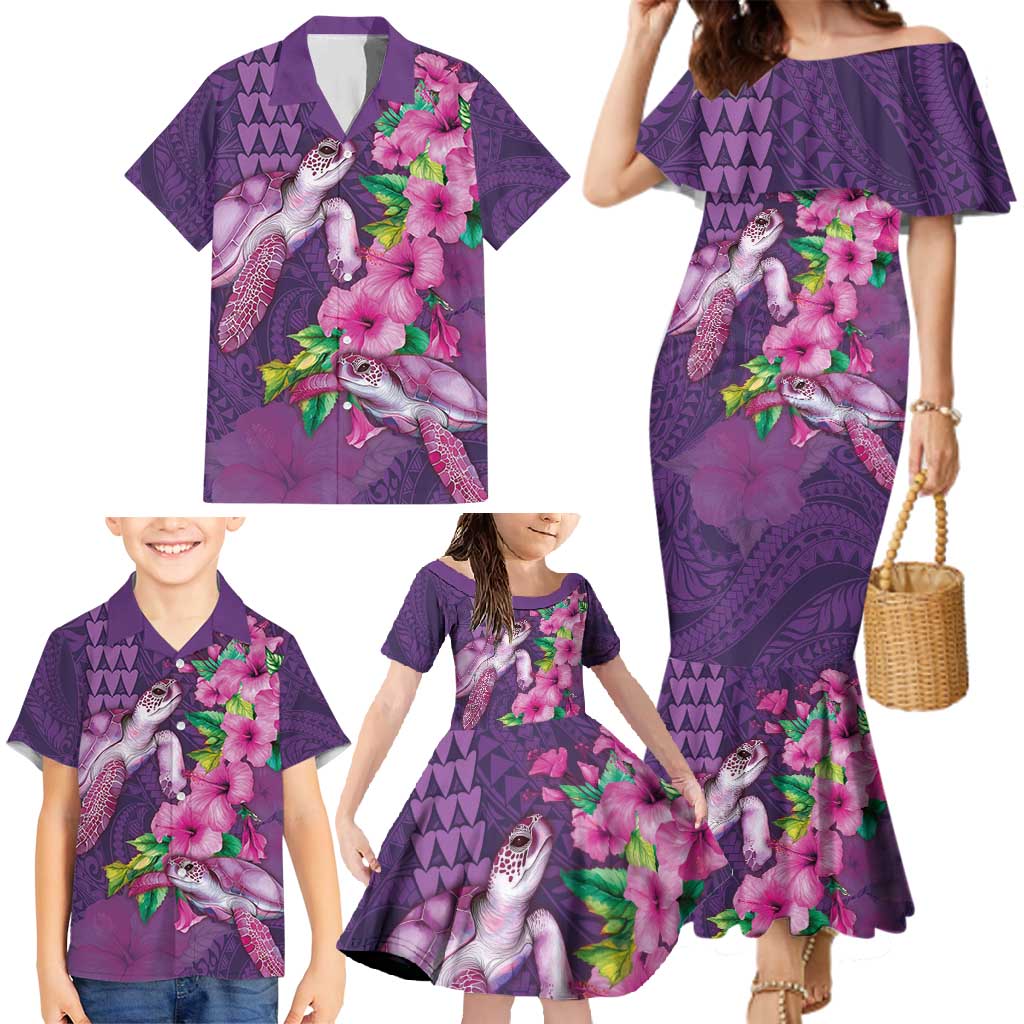 Hawaiian Turtle Love Couple Family Matching Mermaid Dress and Hawaiian Shirt - Sweet Hibiscus and Kakau Pattern Deep Purple Color LT03 - Polynesian Pride