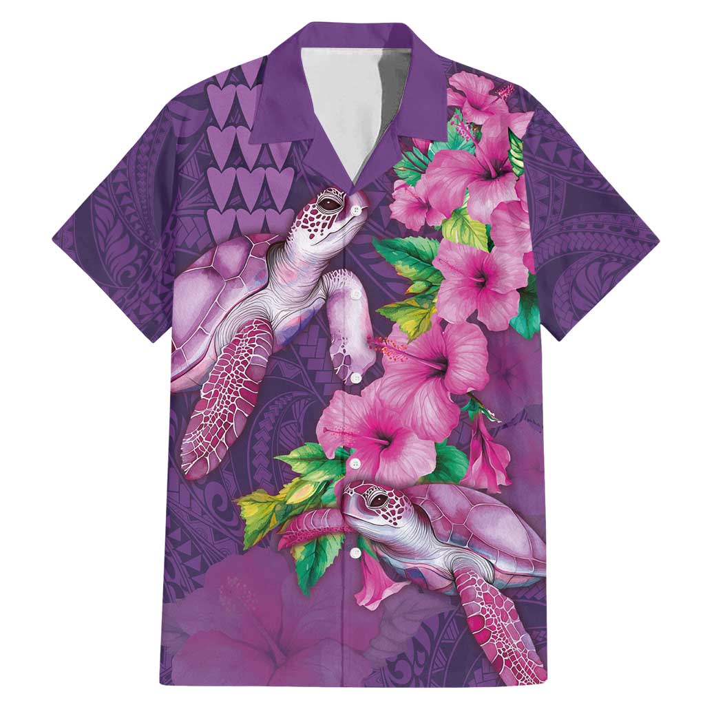 Hawaiian Turtle Love Couple Family Matching Mermaid Dress and Hawaiian Shirt - Sweet Hibiscus and Kakau Pattern Deep Purple Color LT03 Dad's Shirt - Short Sleeve Purple - Polynesian Pride
