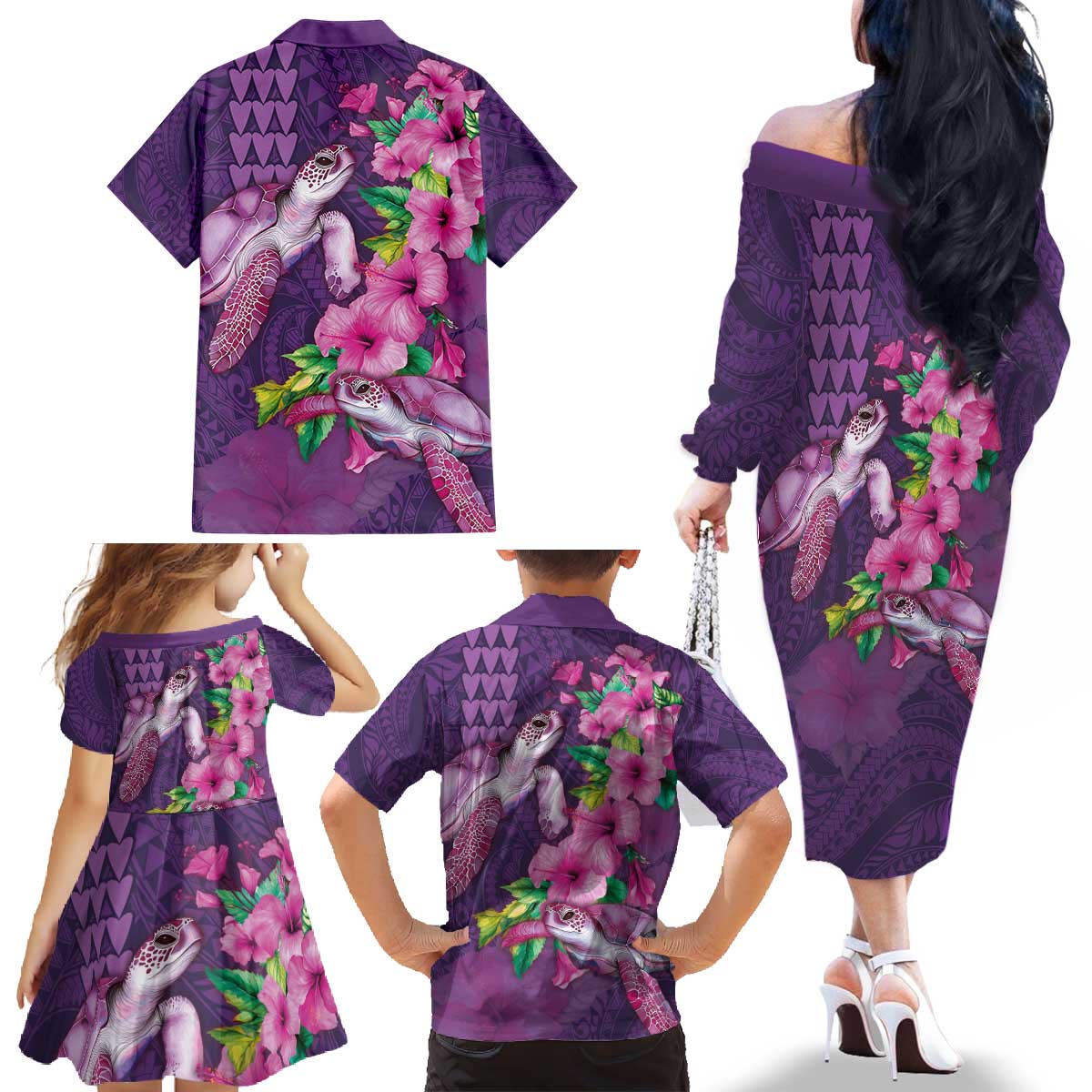 Hawaiian Turtle Love Couple Family Matching Off The Shoulder Long Sleeve Dress and Hawaiian Shirt - Sweet Hibiscus and Kakau Pattern Deep Purple Color LT03 - Polynesian Pride