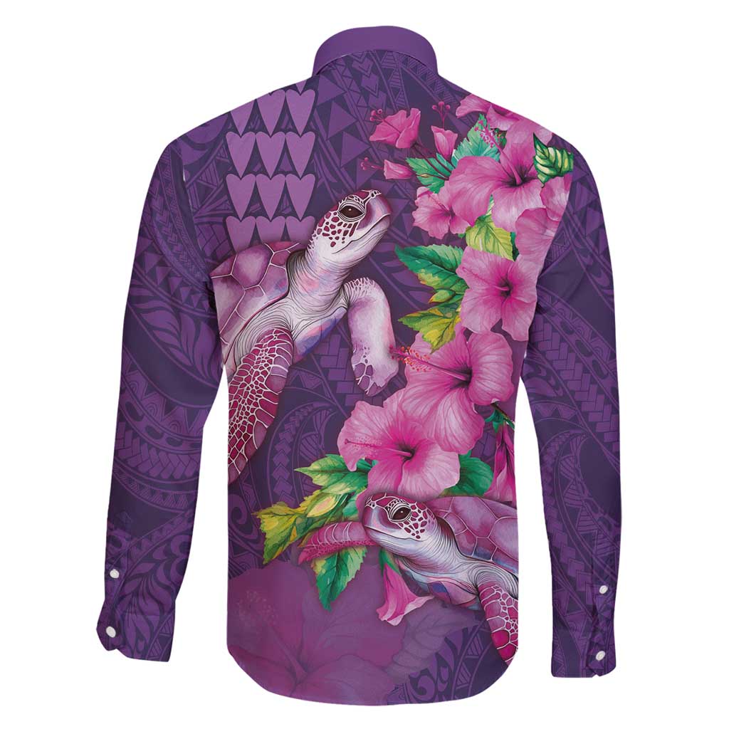 Hawaiian Turtle Love Couple Family Matching Off Shoulder Maxi Dress and Hawaiian Shirt - Sweet Hibiscus and Kakau Pattern Deep Purple Color LT03 - Polynesian Pride