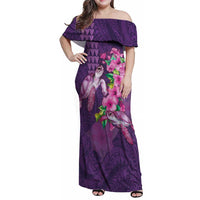 Hawaiian Turtle Love Couple Family Matching Off Shoulder Maxi Dress and Hawaiian Shirt - Sweet Hibiscus and Kakau Pattern Deep Purple Color LT03 Mom's Dress Purple - Polynesian Pride
