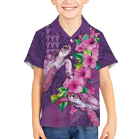 Hawaiian Turtle Love Couple Family Matching Off Shoulder Maxi Dress and Hawaiian Shirt - Sweet Hibiscus and Kakau Pattern Deep Purple Color LT03 Son's Shirt Purple - Polynesian Pride