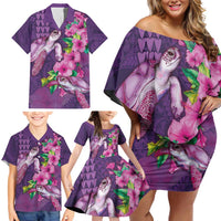 Hawaiian Turtle Love Couple Family Matching Off Shoulder Short Dress and Hawaiian Shirt - Sweet Hibiscus and Kakau Pattern Deep Purple Color LT03 - Polynesian Pride