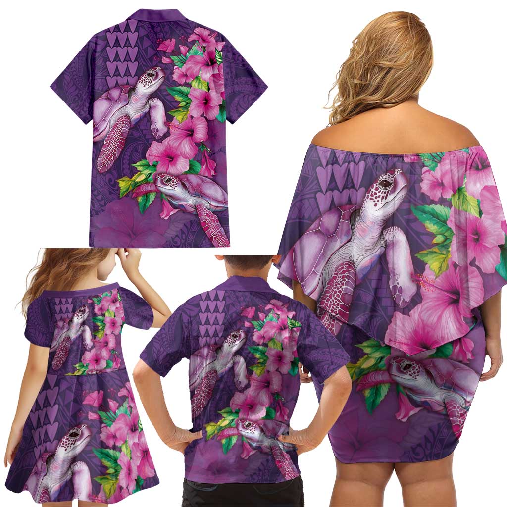 Hawaiian Turtle Love Couple Family Matching Off Shoulder Short Dress and Hawaiian Shirt - Sweet Hibiscus and Kakau Pattern Deep Purple Color LT03 - Polynesian Pride