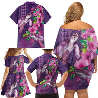 Hawaiian Turtle Love Couple Family Matching Off Shoulder Short Dress and Hawaiian Shirt - Sweet Hibiscus and Kakau Pattern Deep Purple Color LT03 - Polynesian Pride