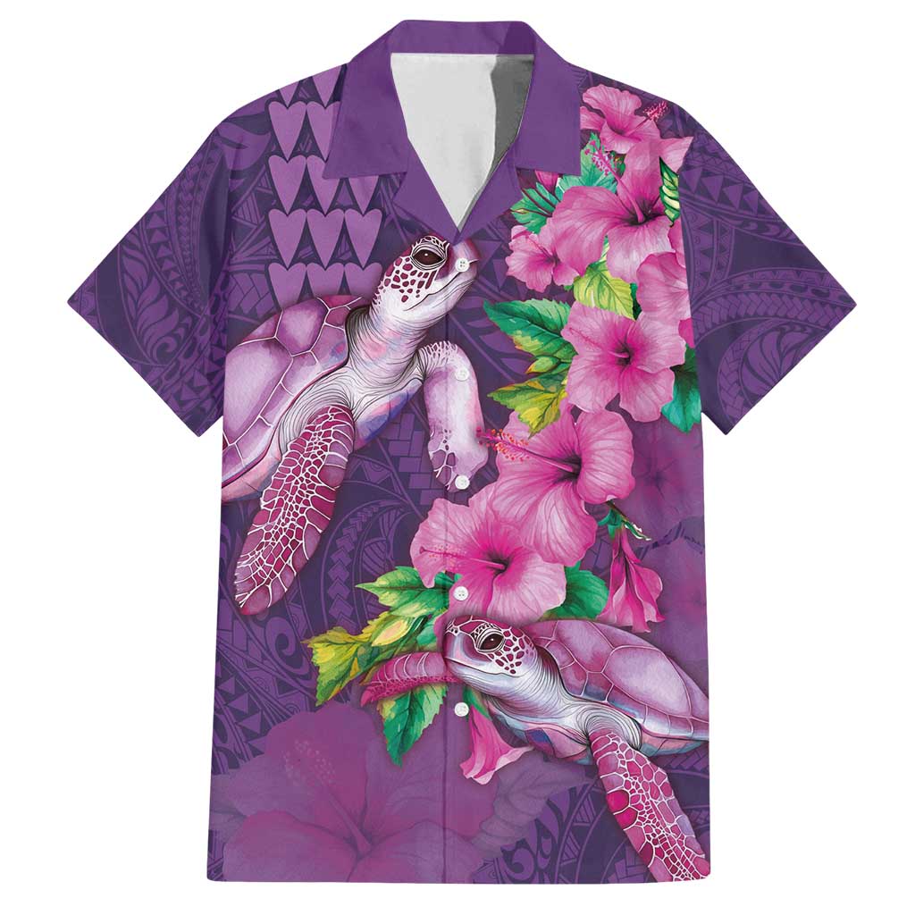 Hawaiian Turtle Love Couple Family Matching Off Shoulder Short Dress and Hawaiian Shirt - Sweet Hibiscus and Kakau Pattern Deep Purple Color LT03 Dad's Shirt - Short Sleeve Purple - Polynesian Pride