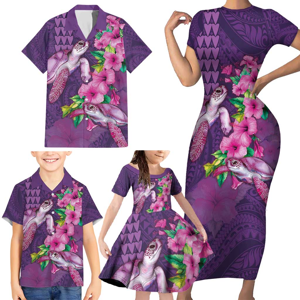 Hawaiian Turtle Love Couple Family Matching Short Sleeve Bodycon Dress and Hawaiian Shirt - Sweet Hibiscus and Kakau Pattern Deep Purple Color LT03 - Polynesian Pride