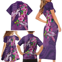 Hawaiian Turtle Love Couple Family Matching Short Sleeve Bodycon Dress and Hawaiian Shirt - Sweet Hibiscus and Kakau Pattern Deep Purple Color LT03 - Polynesian Pride