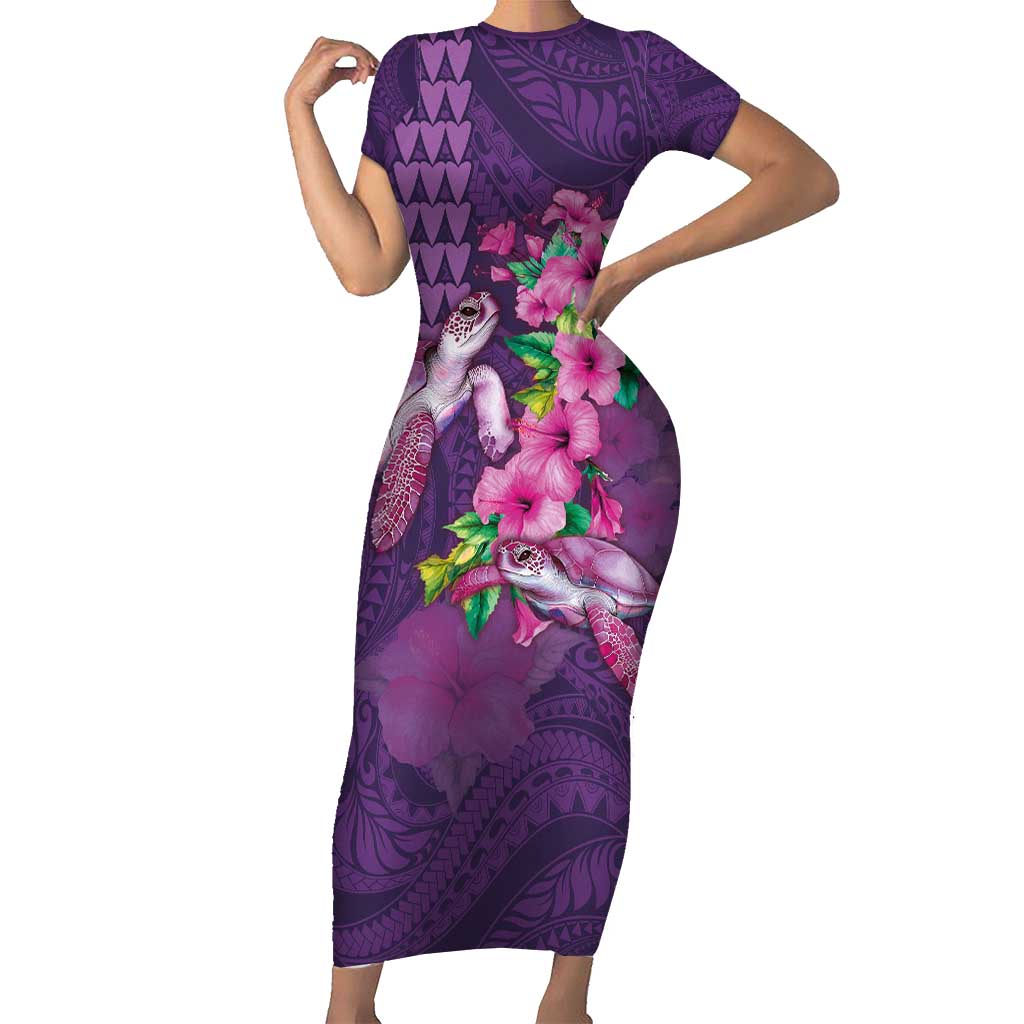 Hawaiian Turtle Love Couple Family Matching Short Sleeve Bodycon Dress and Hawaiian Shirt - Sweet Hibiscus and Kakau Pattern Deep Purple Color LT03 Mom's Dress Purple - Polynesian Pride